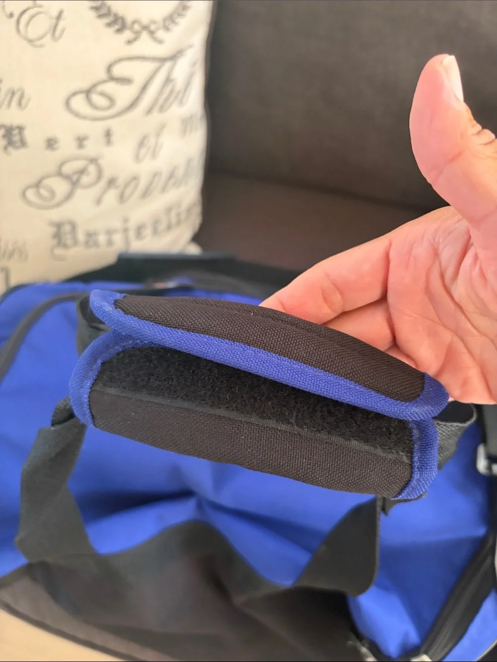 Jeep blue and black duffel bag with front mesh pocket.